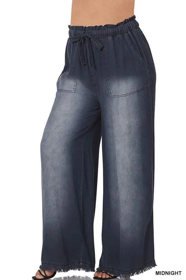 Plus Size Lightweight Denim Wide Leg Frayed Hem Jean Pant