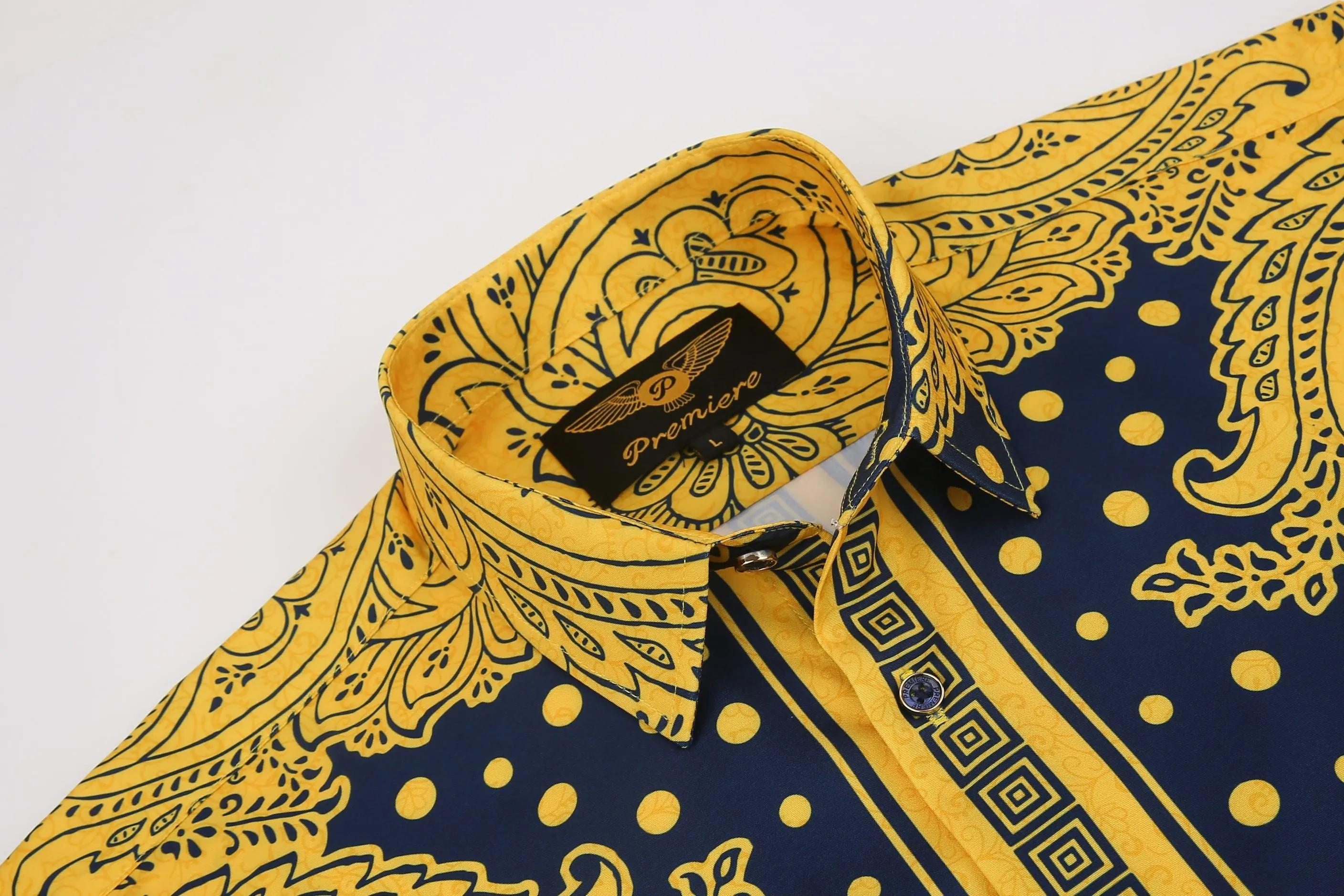 PREMIERE SHIRTS: BLUE/GOLD TRIBAL GEOMETRIC