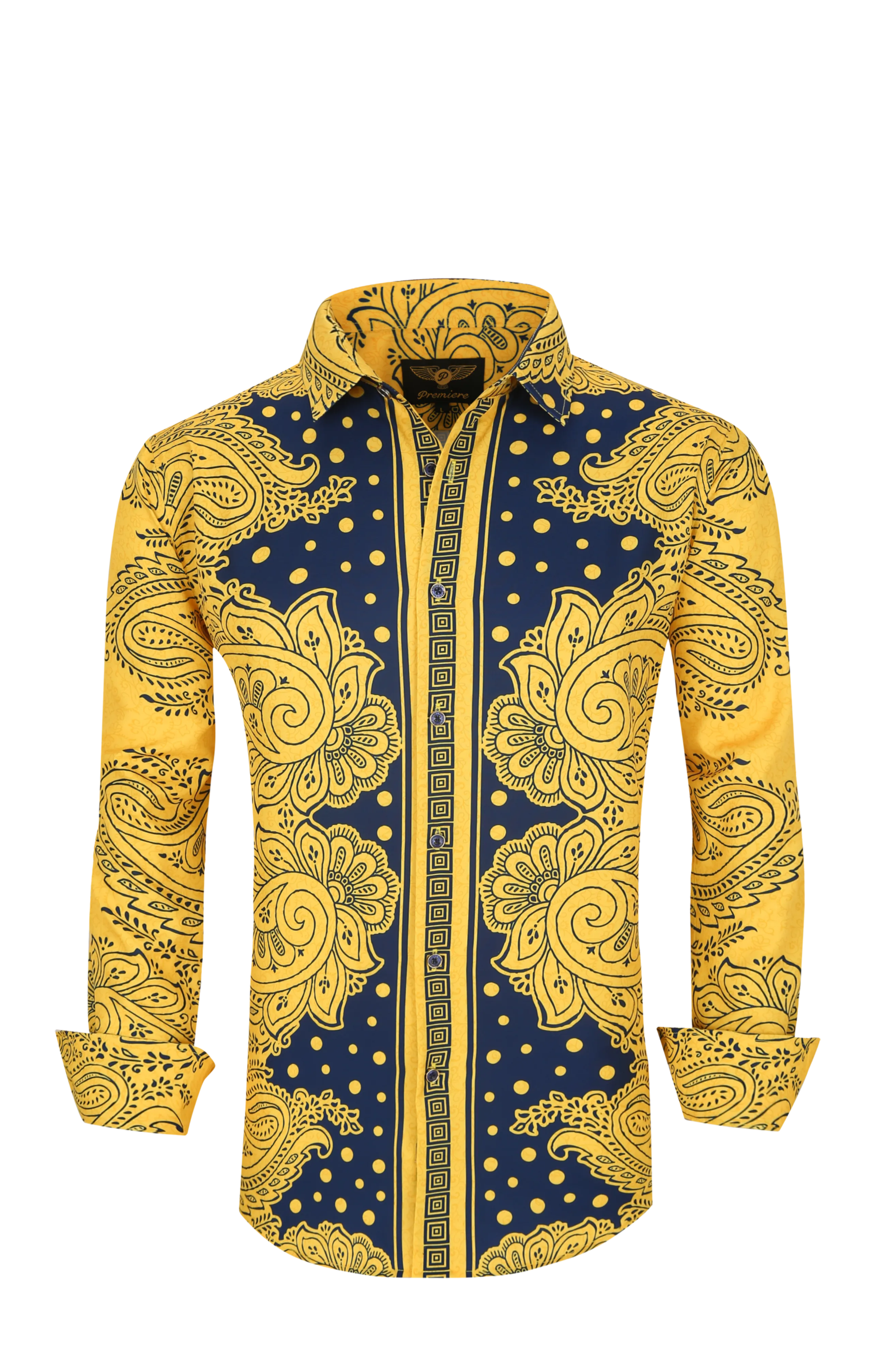 PREMIERE SHIRTS: BLUE/GOLD TRIBAL GEOMETRIC