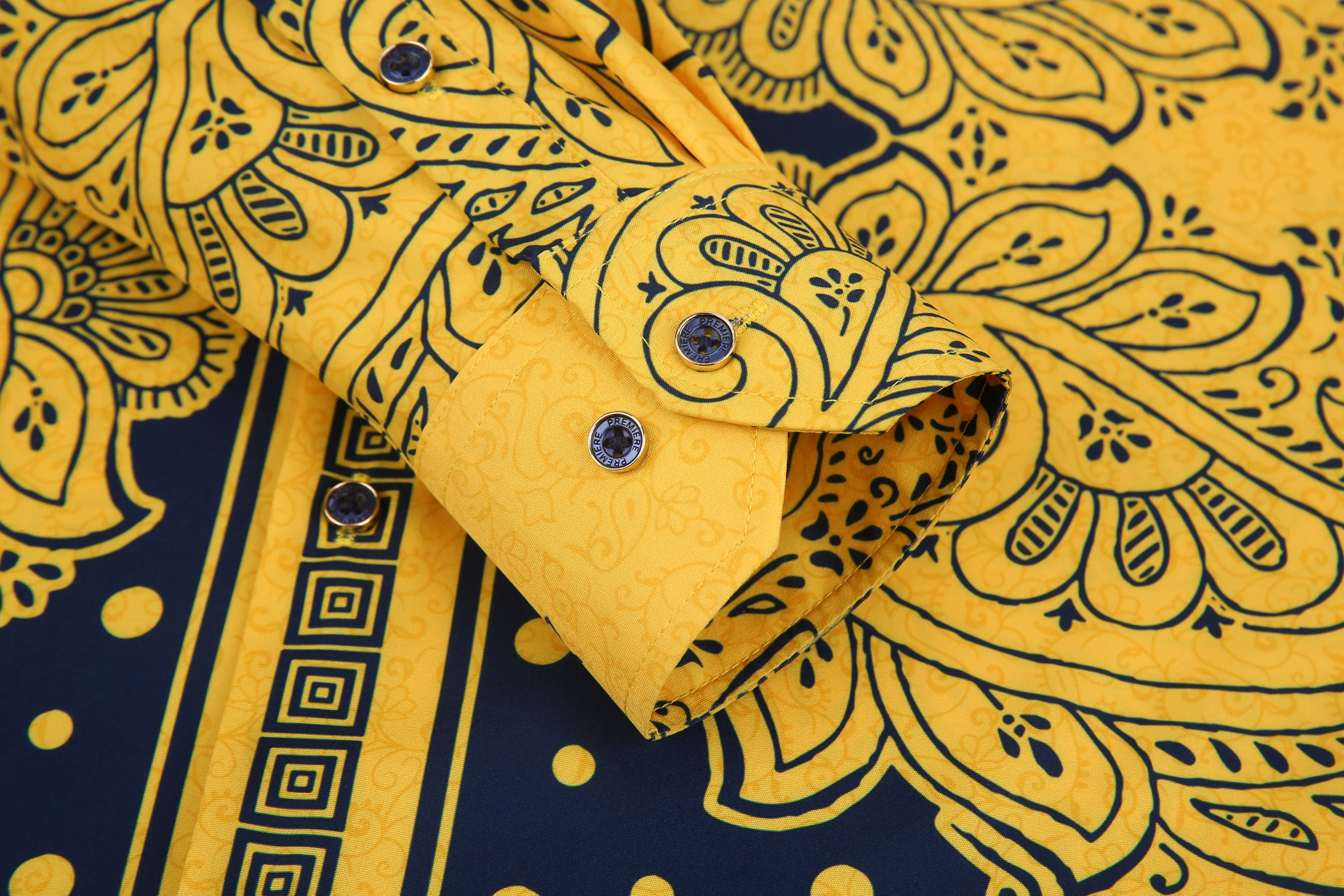 PREMIERE SHIRTS: BLUE/GOLD TRIBAL GEOMETRIC