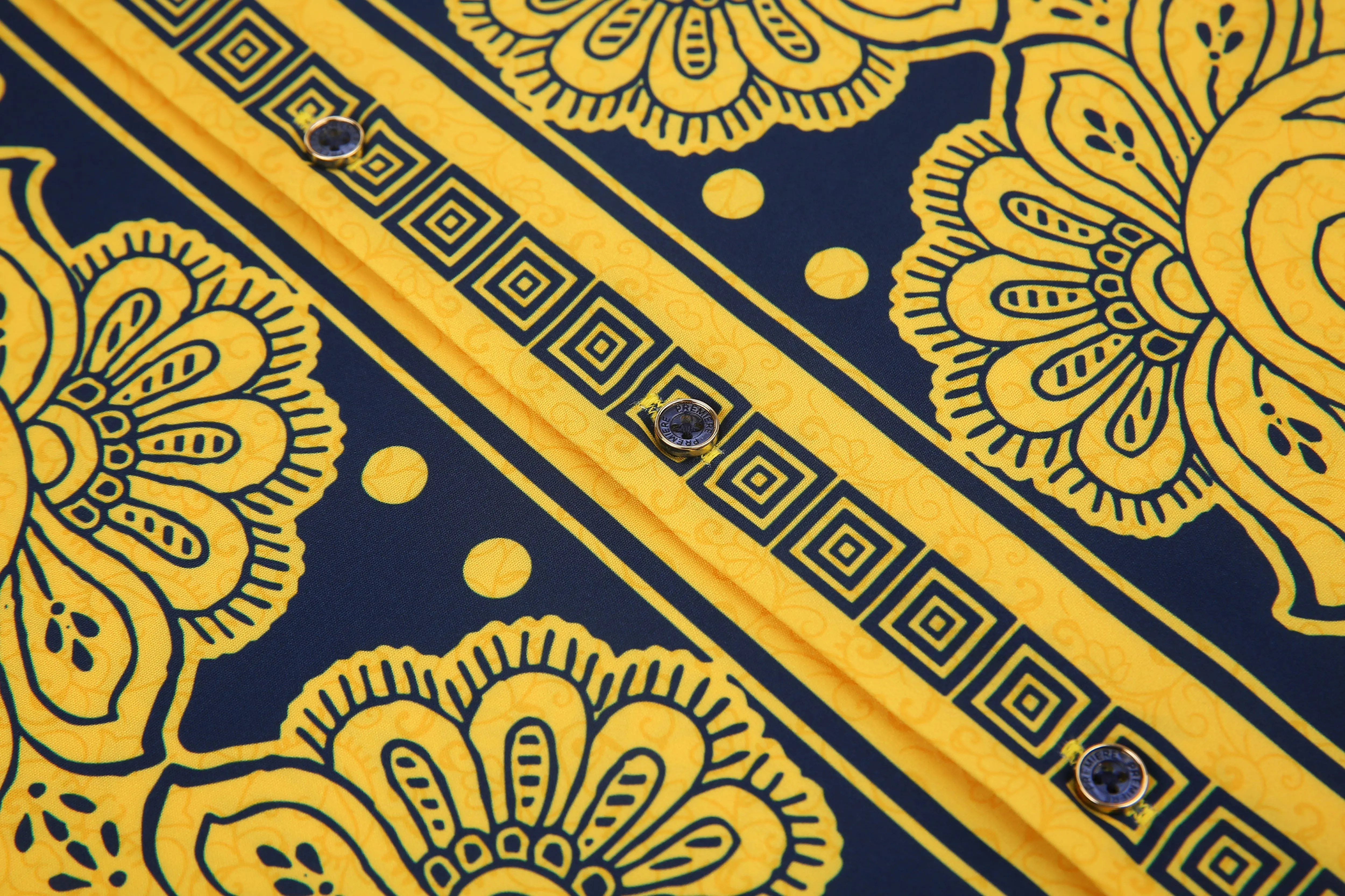 PREMIERE SHIRTS: BLUE/GOLD TRIBAL GEOMETRIC