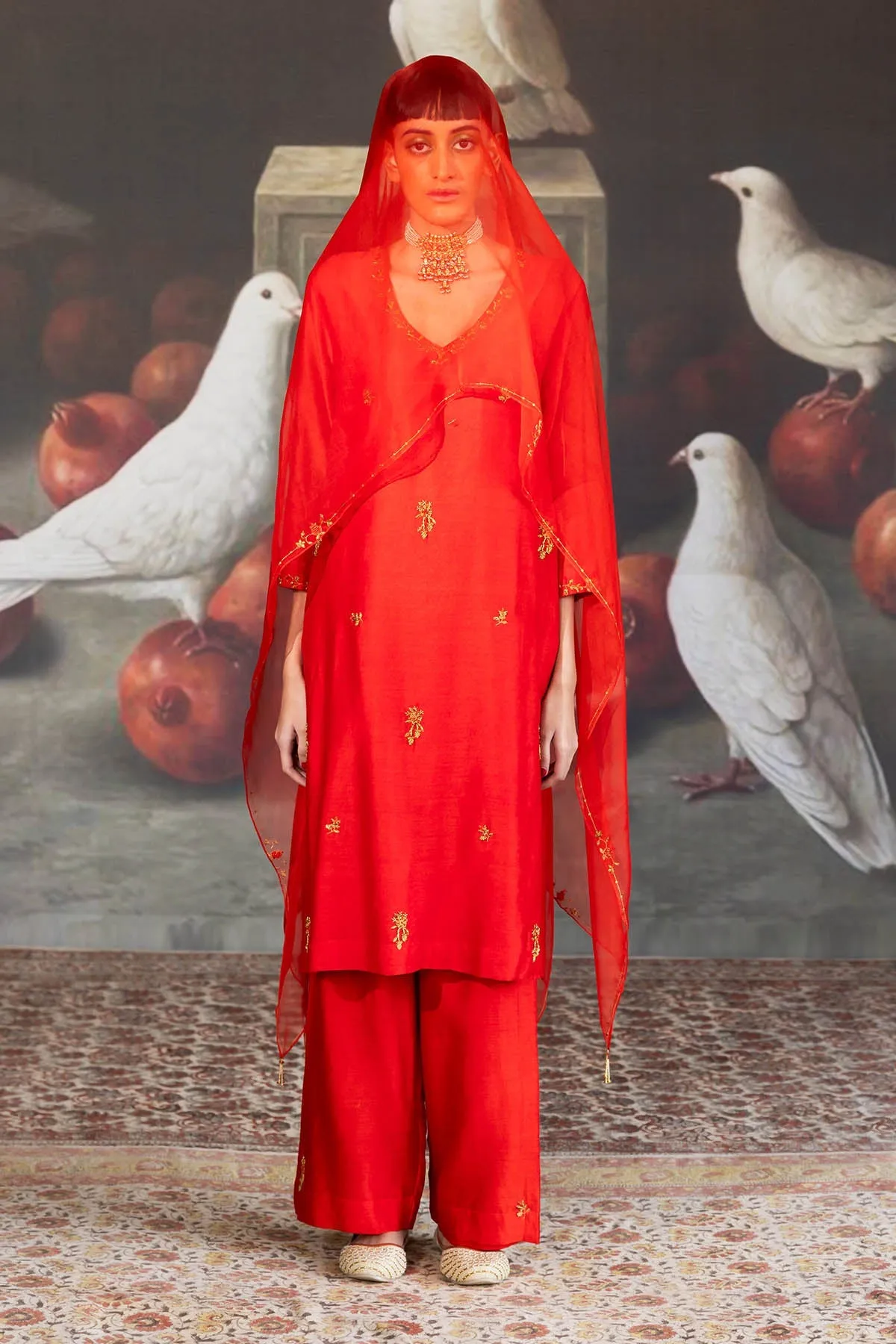 Red Chanderi Embroidered Pants