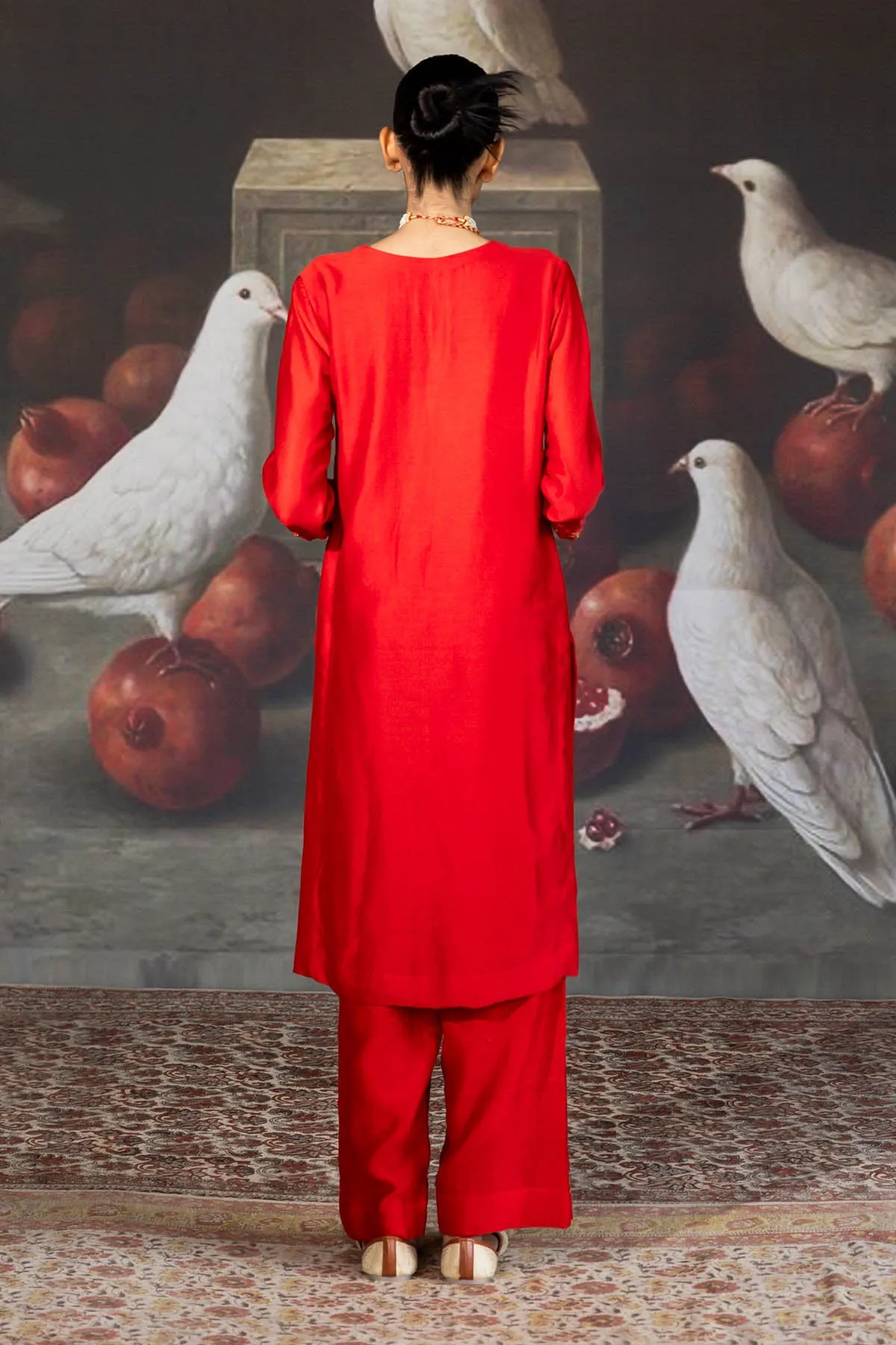 Red Chanderi Embroidered Pants