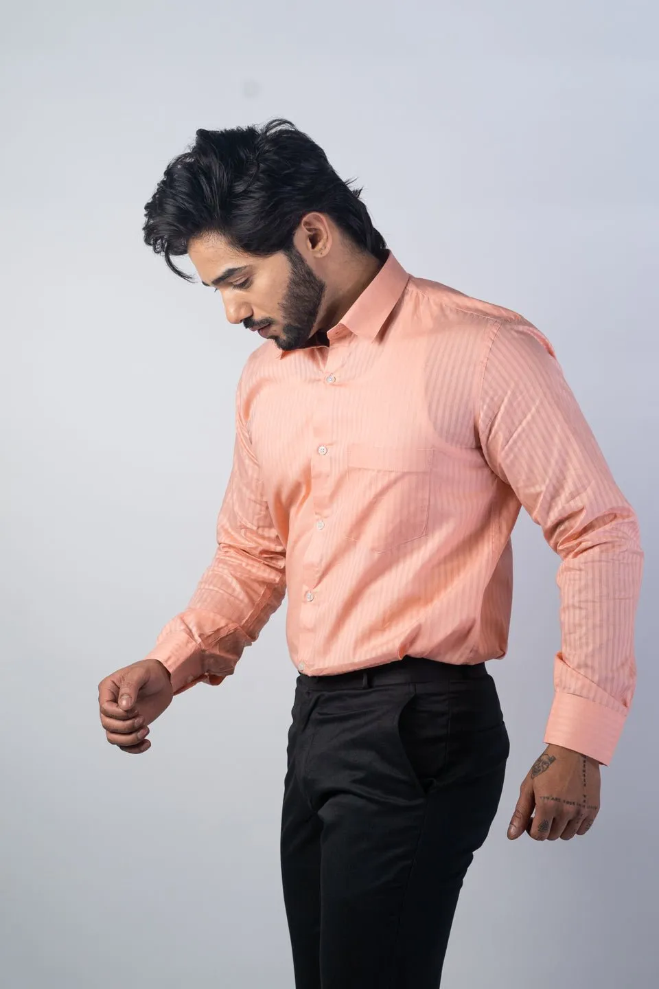 Salmon Orange Color vertical Cotton stripe Shirt For Men