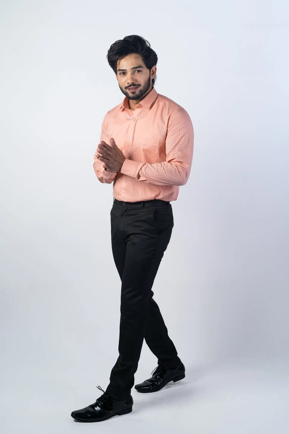 Salmon Orange Color vertical Cotton stripe Shirt For Men