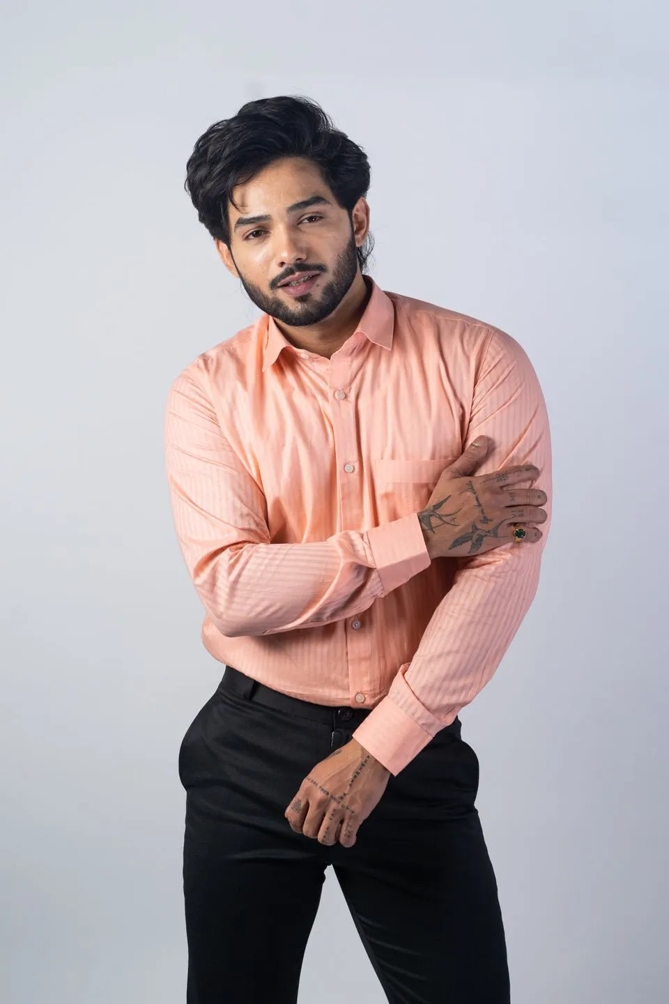 Salmon Orange Color vertical Cotton stripe Shirt For Men