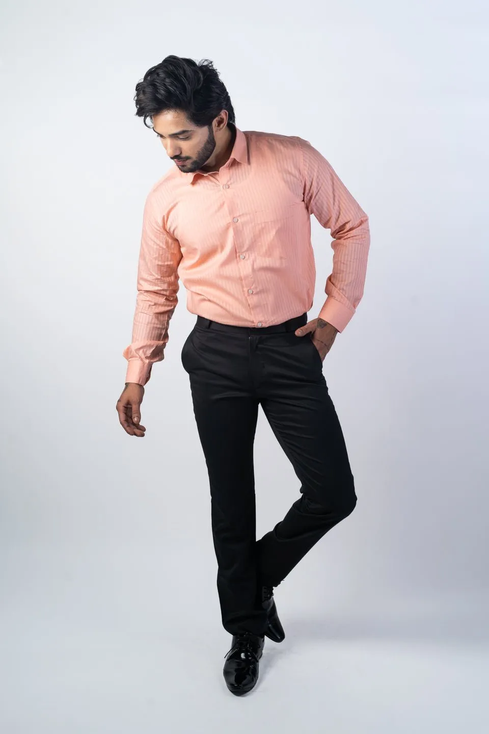 Salmon Orange Color vertical Cotton stripe Shirt For Men