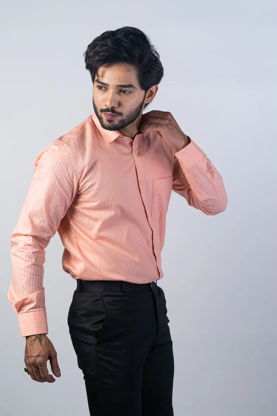Salmon Orange Color vertical Cotton stripe Shirt For Men