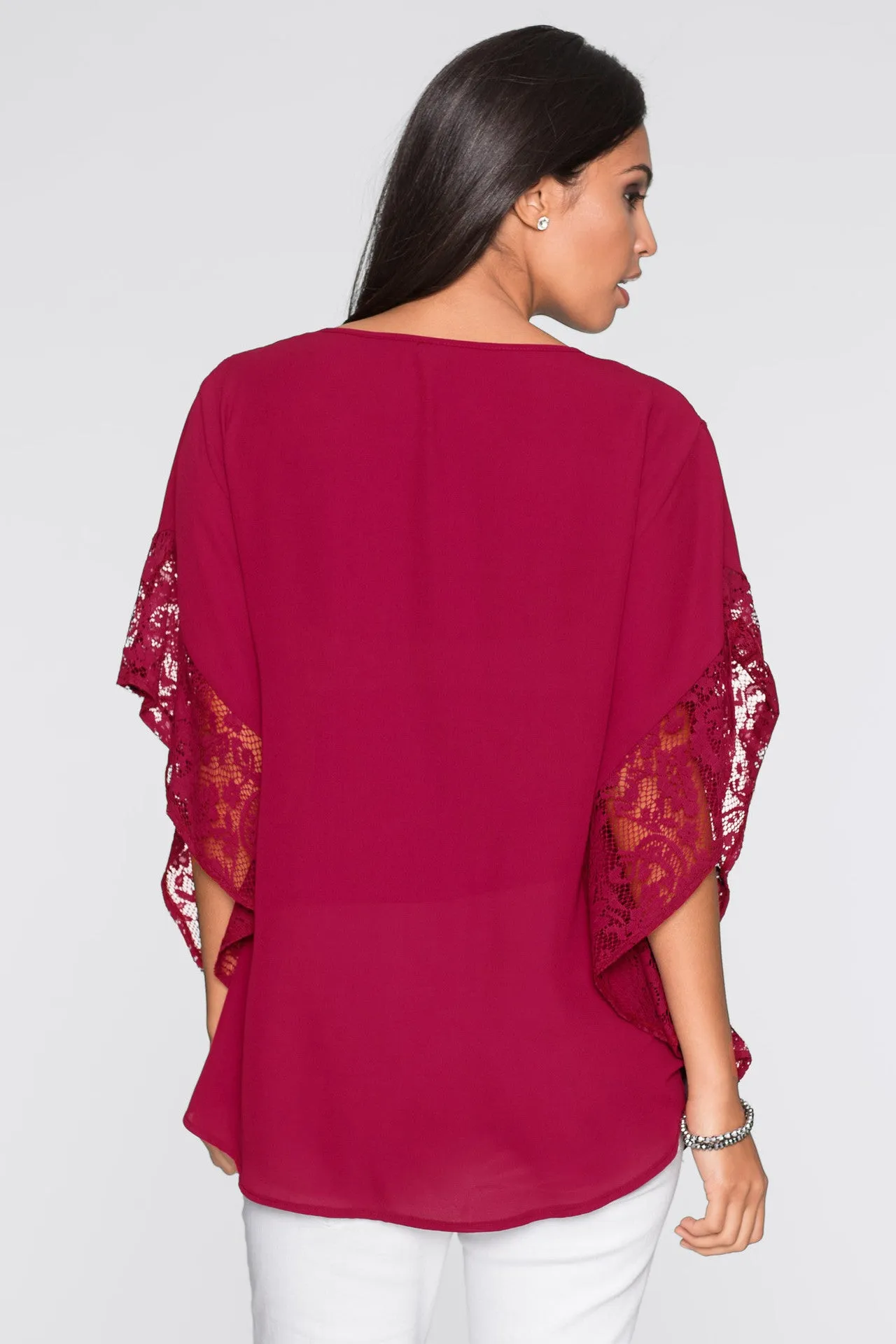 Scoop Lace Chiffon Patchwork Pure Color Half Sleeves T-shirt