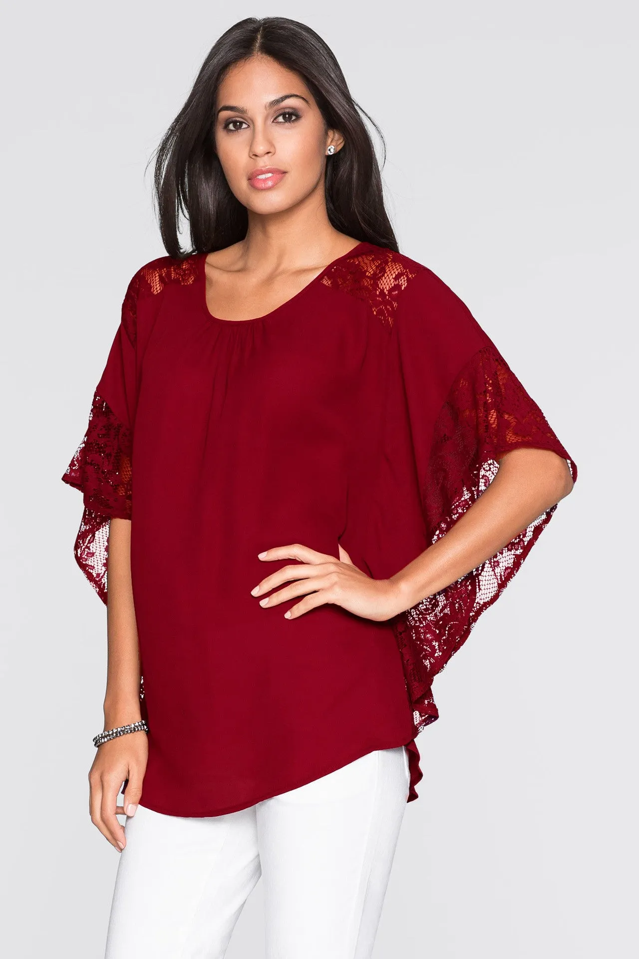 Scoop Lace Chiffon Patchwork Pure Color Half Sleeves T-shirt