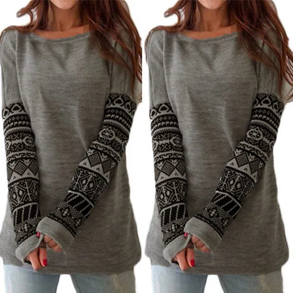 Scoop Print Patchwork Long Sleeves T-shirt