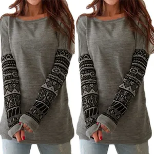 Scoop Print Patchwork Long Sleeves T-shirt