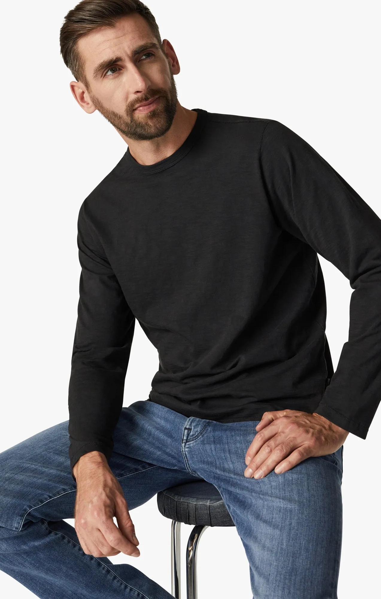 Slub Crew Neck Long Sleeve Shirt in Black