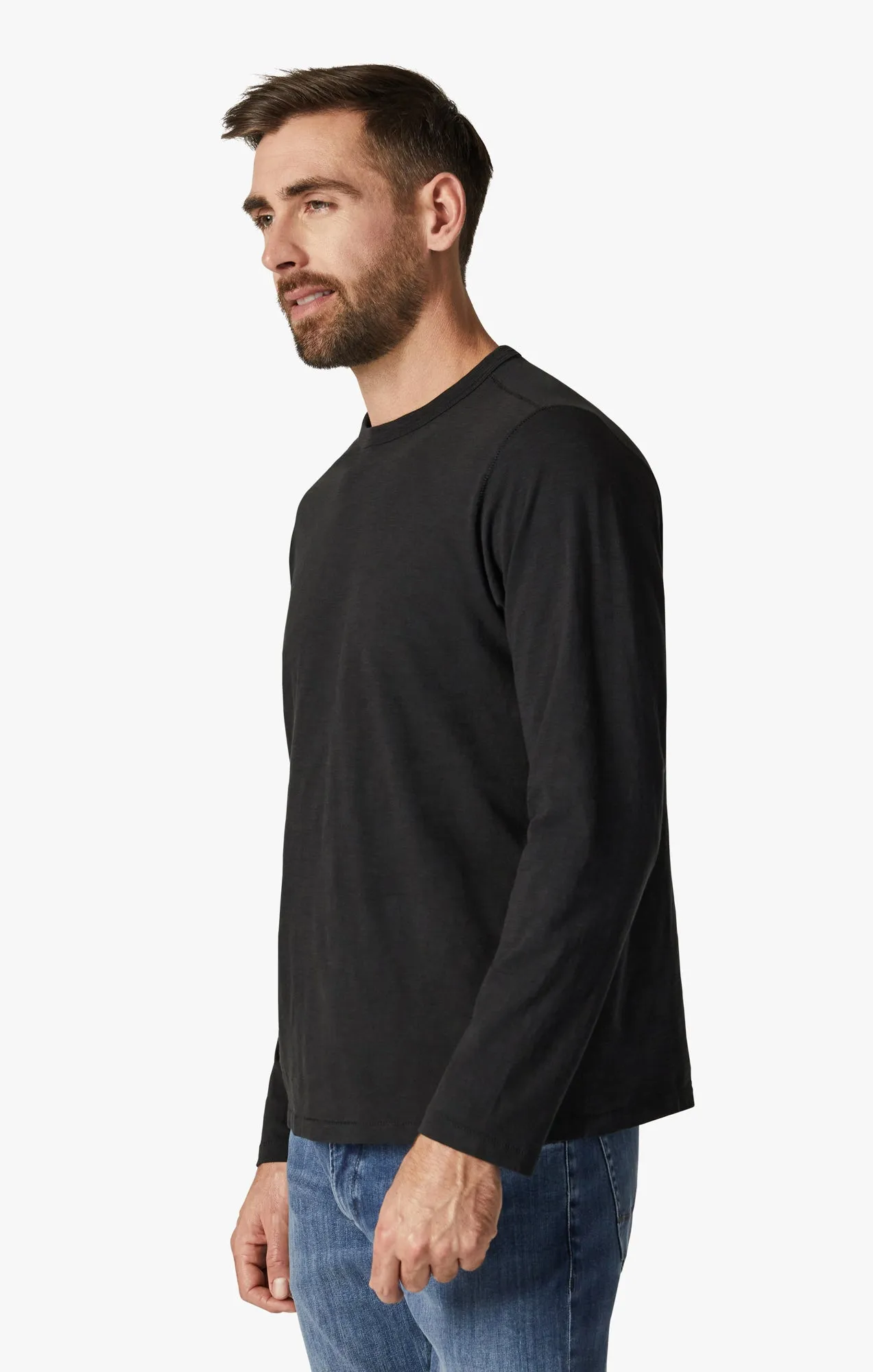 Slub Crew Neck Long Sleeve Shirt in Black