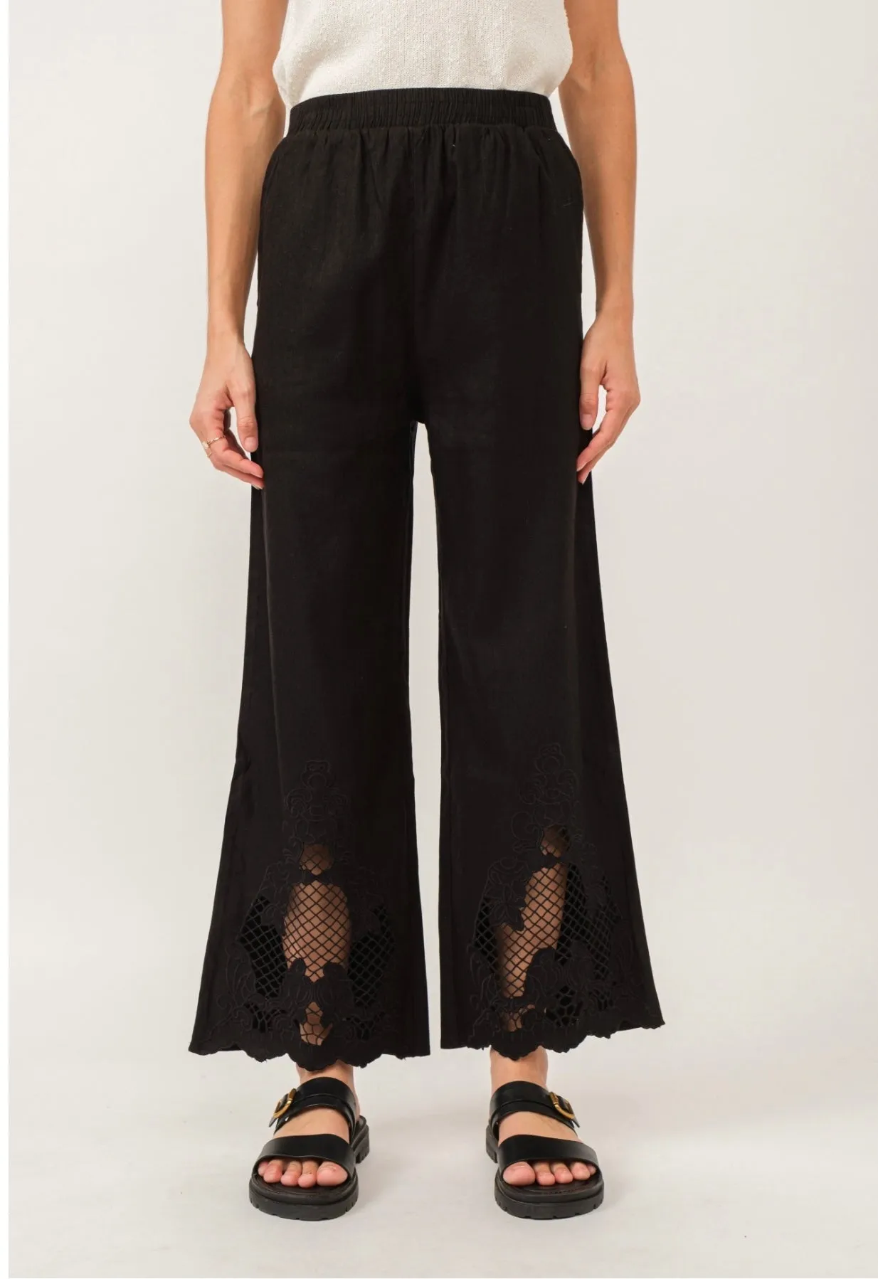 Sonora Embroidery Hem Black Pants