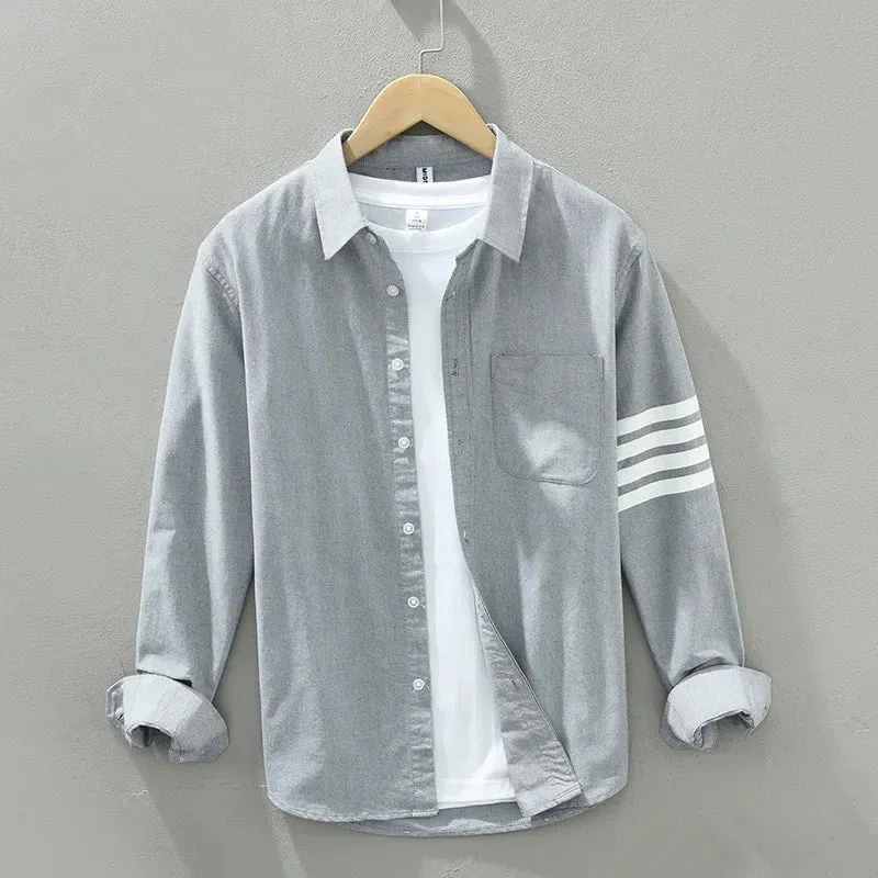 Spring Summer 100% Cotton Men's Long Sleeve Shirt Casual Lapel Four-bars Designer Shirt