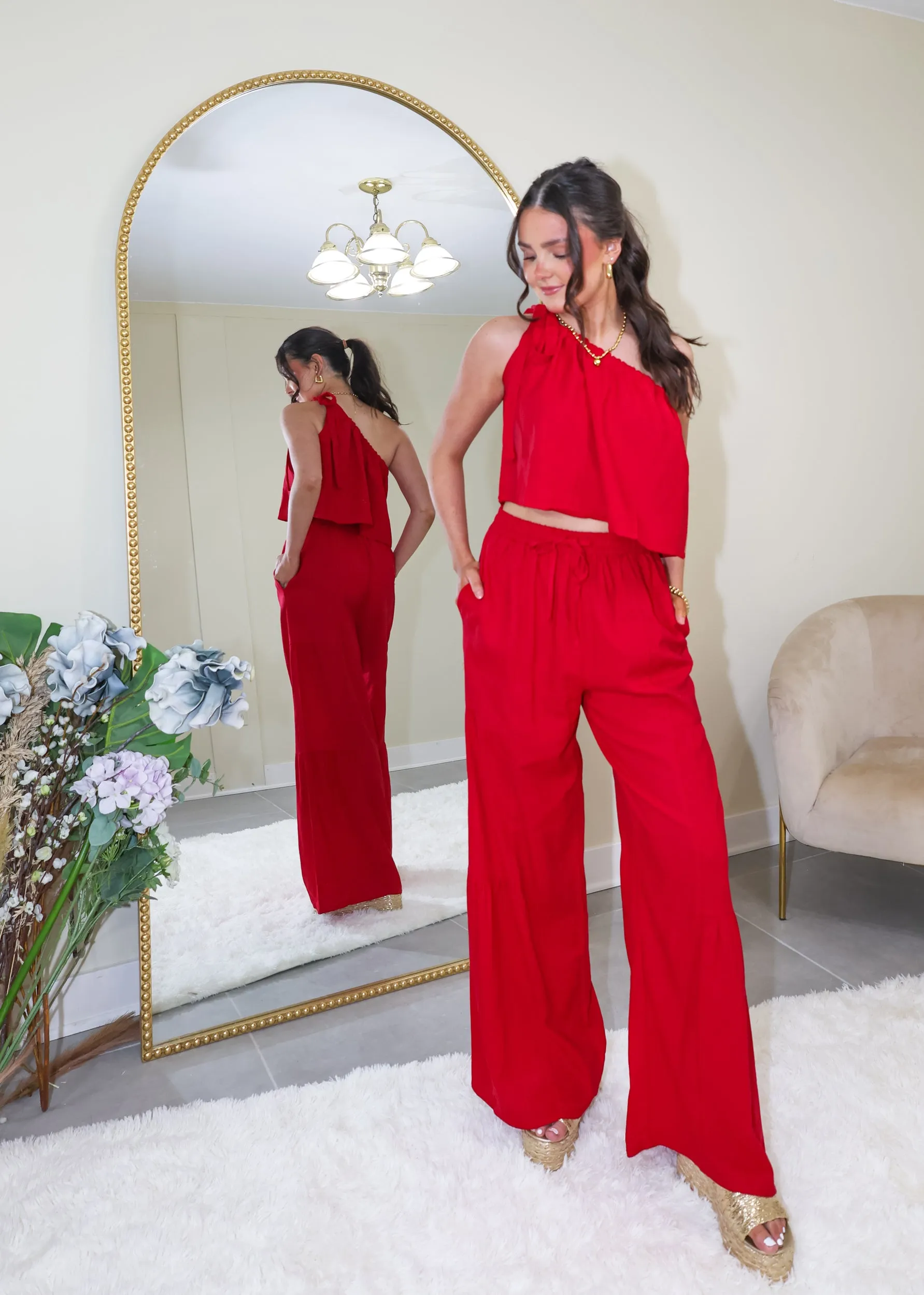 Strawberry Sunset Tiered Linen Pants