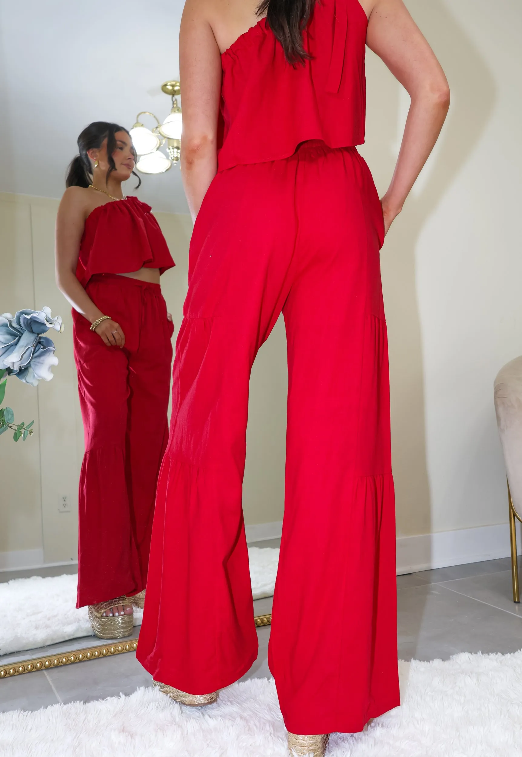Strawberry Sunset Tiered Linen Pants