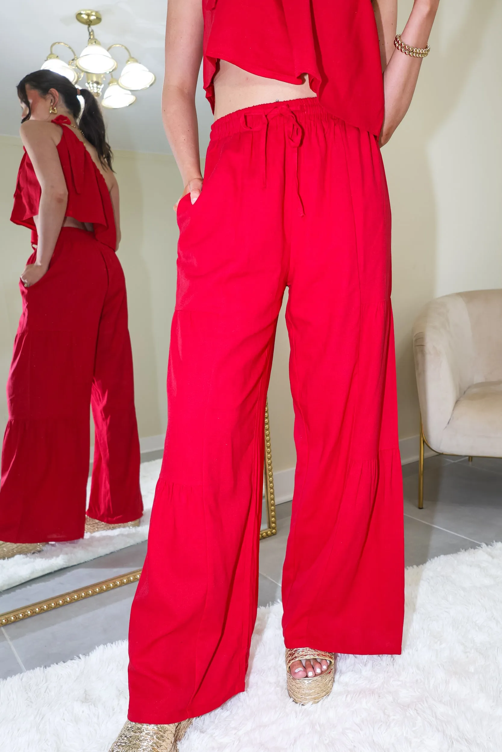 Strawberry Sunset Tiered Linen Pants