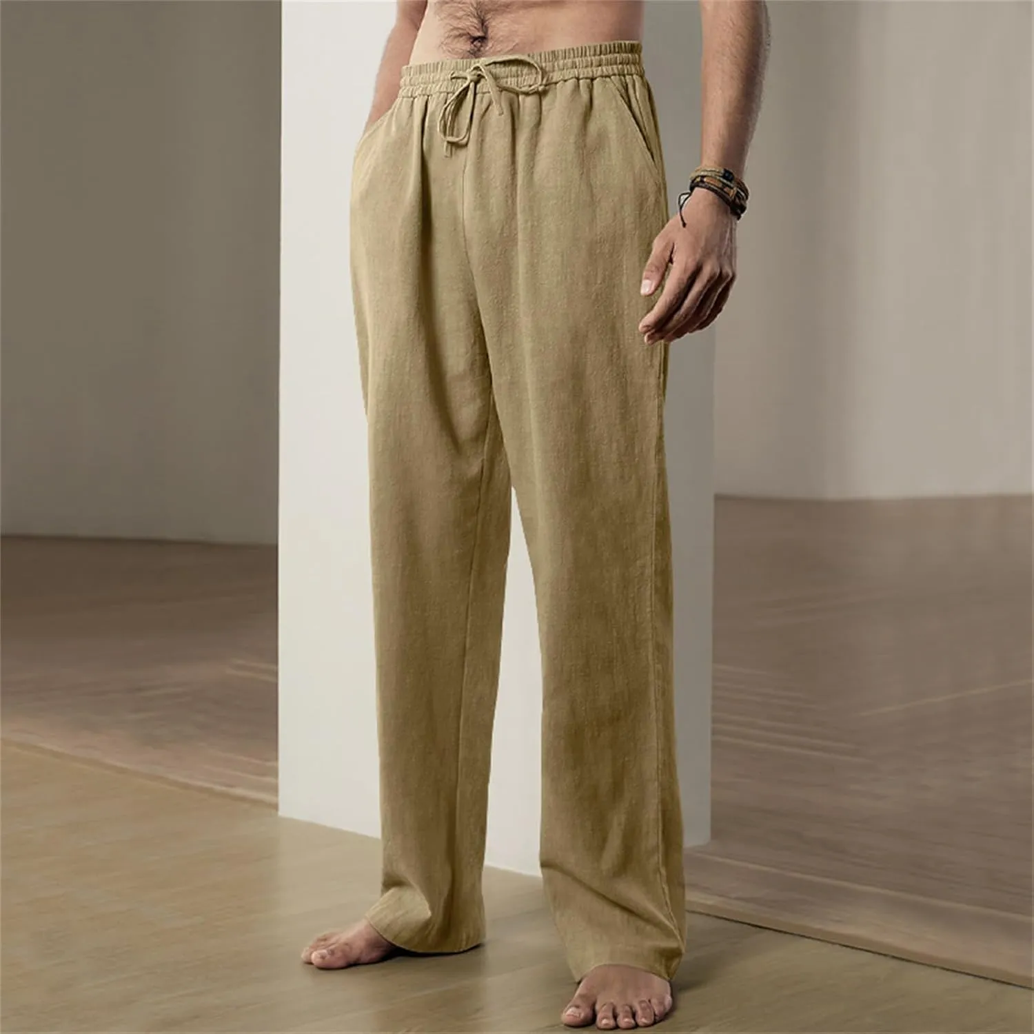 Thatrich Mens Casual Pants Relaxed Linen Beach Yoga Pant Workout Breathable Lightweight Trousers Summer Solid Color Joggers