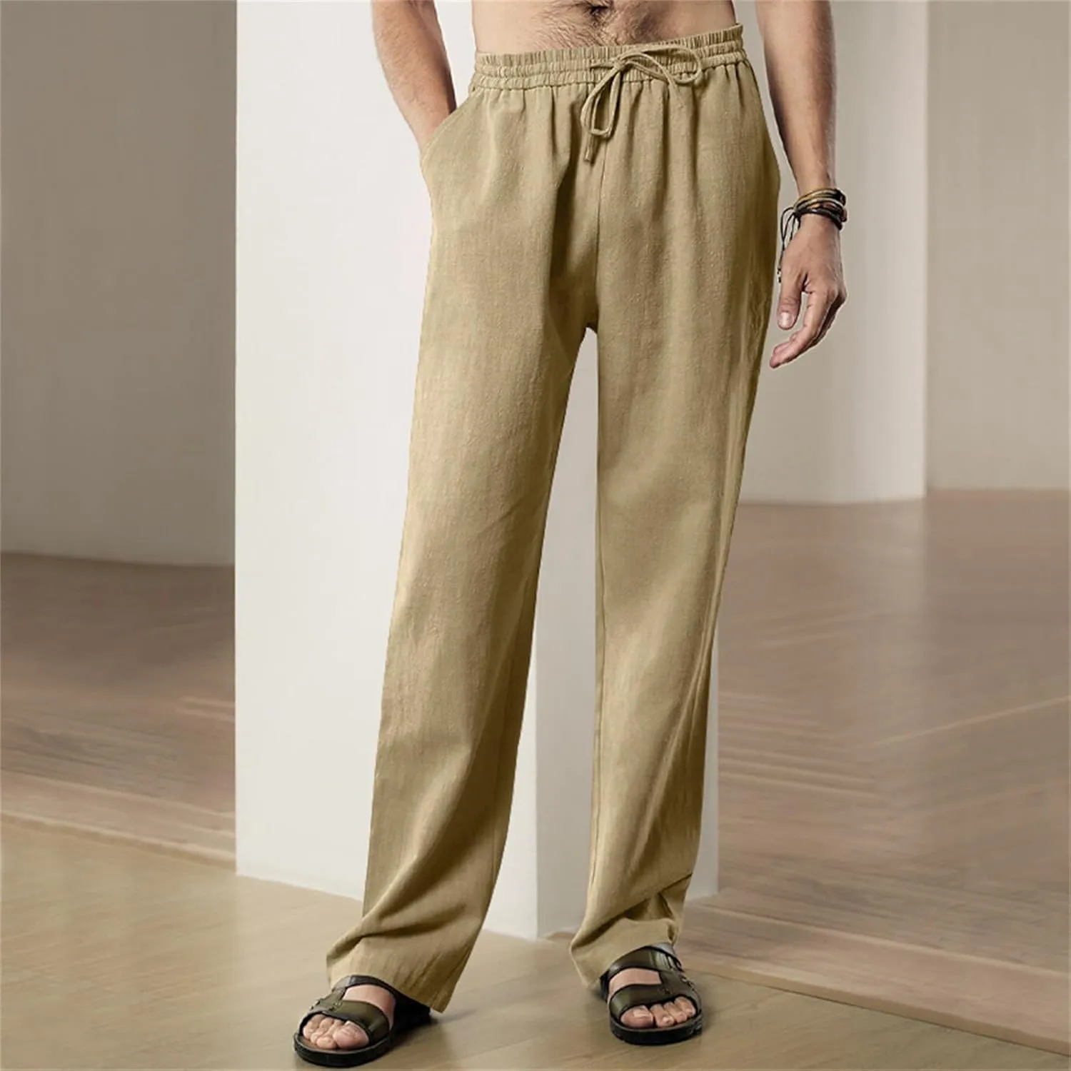 Thatrich Mens Casual Pants Relaxed Linen Beach Yoga Pant Workout Breathable Lightweight Trousers Summer Solid Color Joggers