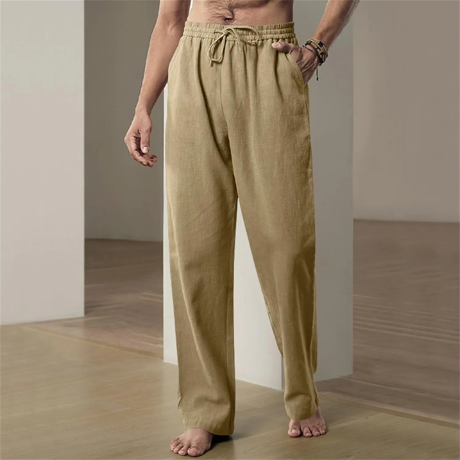 Thatrich Mens Casual Pants Relaxed Linen Beach Yoga Pant Workout Breathable Lightweight Trousers Summer Solid Color Joggers