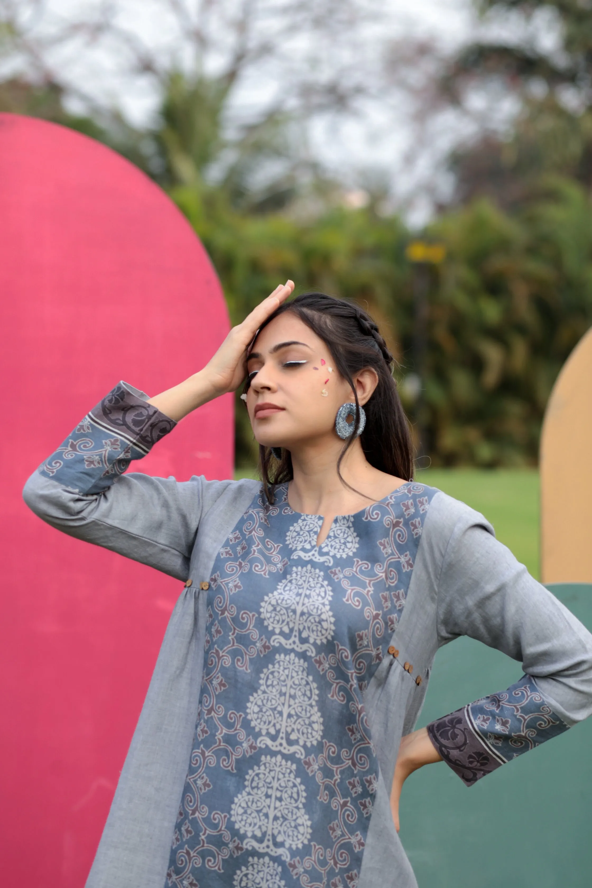 Thea Grey Print Detail Pure Linen Co-ord Set