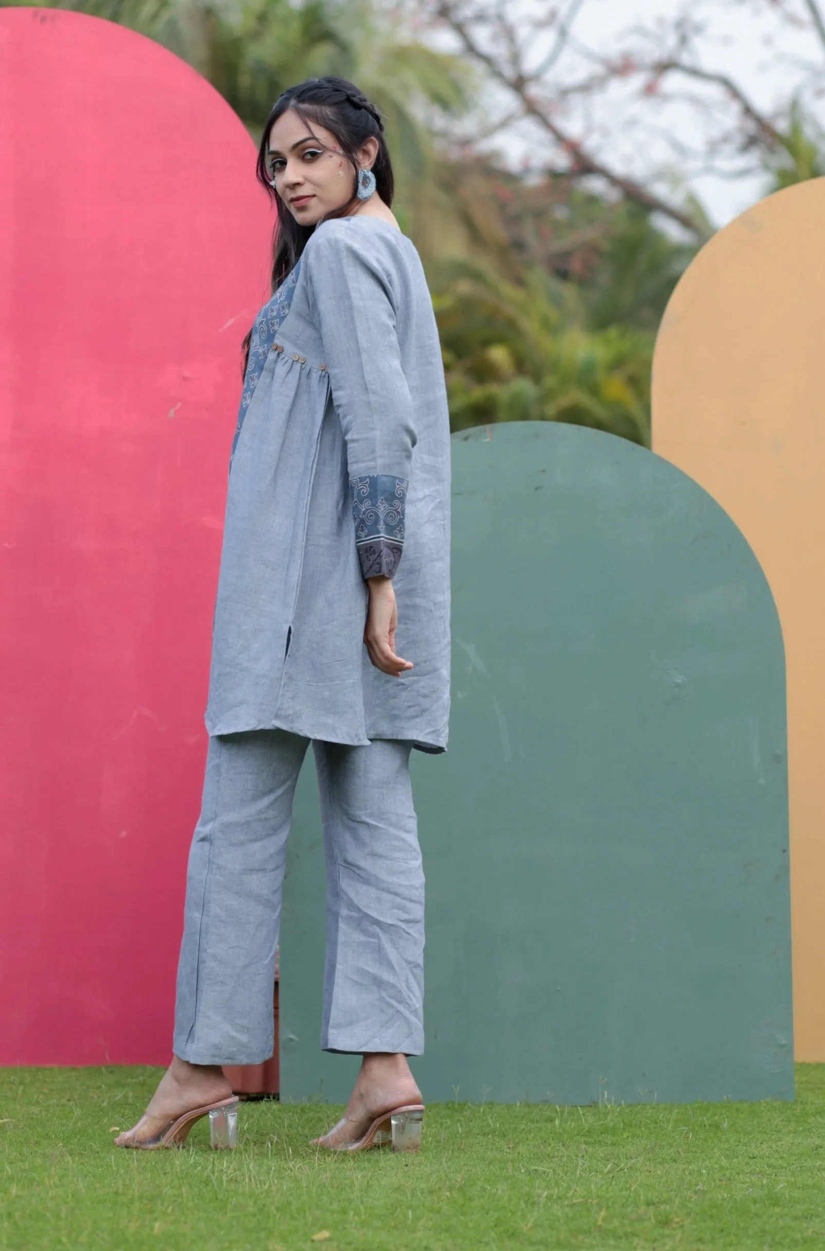 Thea Grey Print Detail Pure Linen Co-ord Set