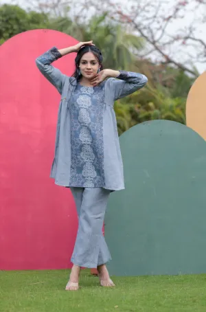 Thea Grey Print Detail Pure Linen Co-ord Set