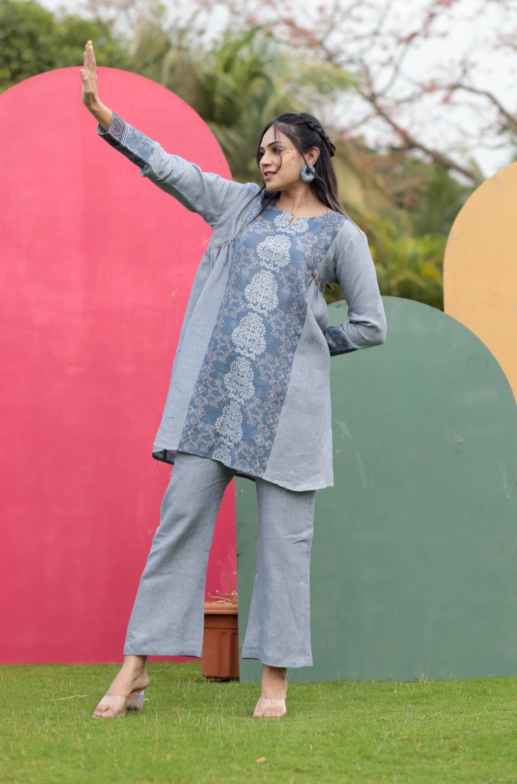 Thea Grey Print Detail Pure Linen Co-ord Set