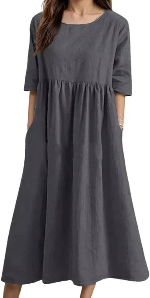 TIAFORD Women's Boho Floral Print Short Sleeve Dress Summer Casual Crew Neck Plus Size Empire Waist Maxi Dresses with Pockets