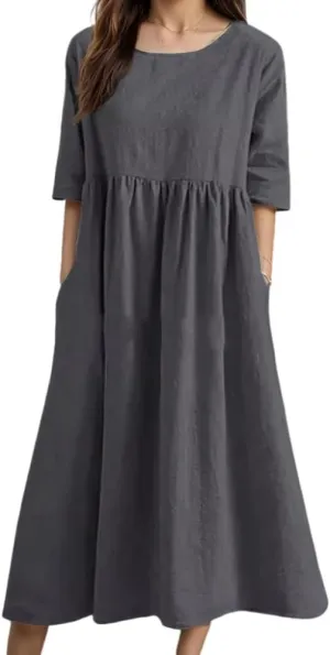 TIAFORD Women's Boho Floral Print Short Sleeve Dress Summer Casual Crew Neck Plus Size Empire Waist Maxi Dresses with Pockets