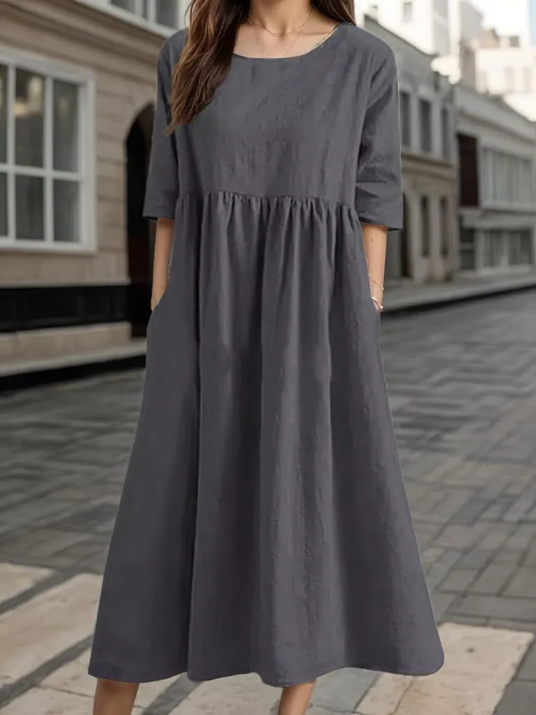 TIAFORD Women's Boho Floral Print Short Sleeve Dress Summer Casual Crew Neck Plus Size Empire Waist Maxi Dresses with Pockets