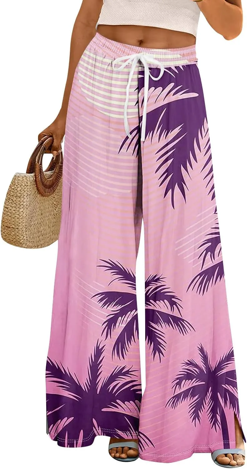 Travel Pants Women 2025 Palazzo Dressy Baggy Floral Relaxed Fit Trendy Bohemian Style Bottoms