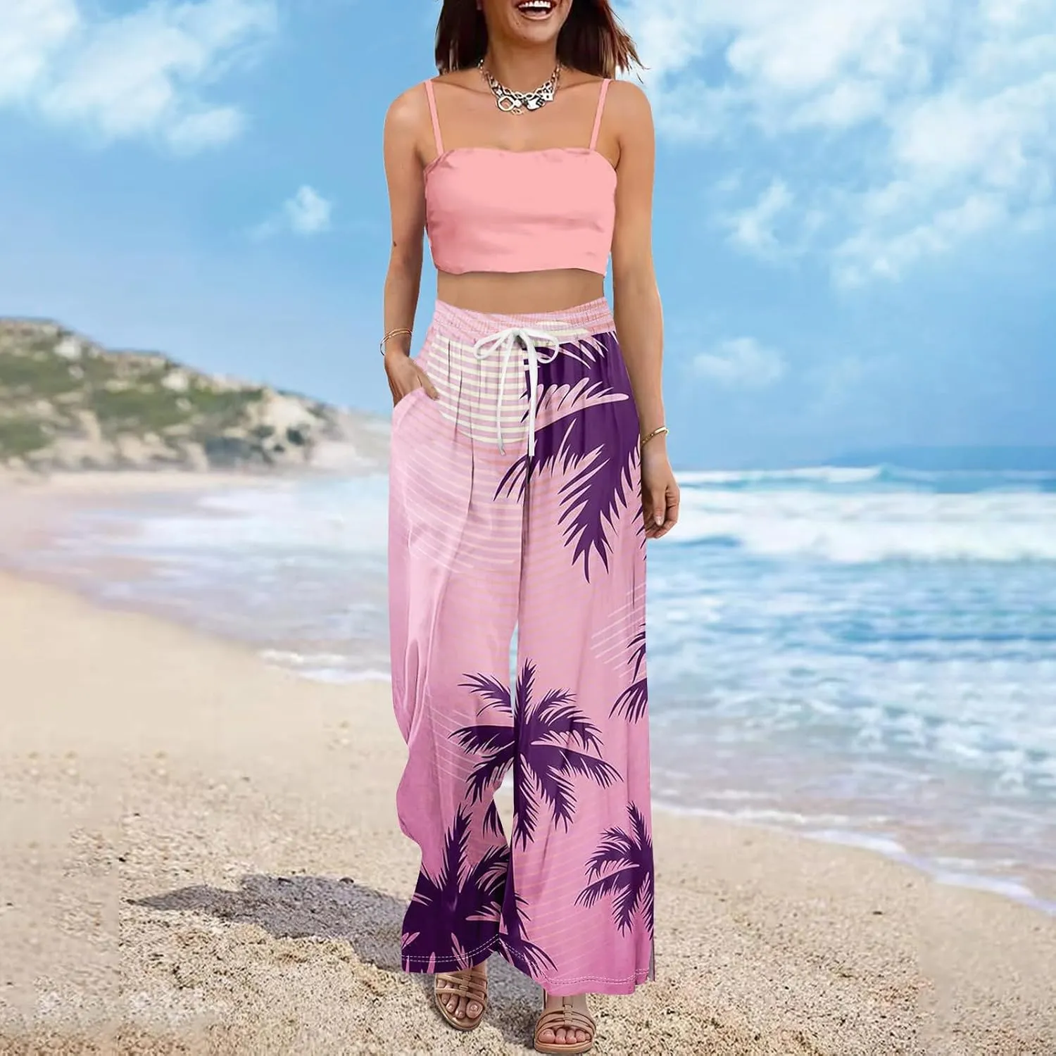 Travel Pants Women 2025 Palazzo Dressy Baggy Floral Relaxed Fit Trendy Bohemian Style Bottoms