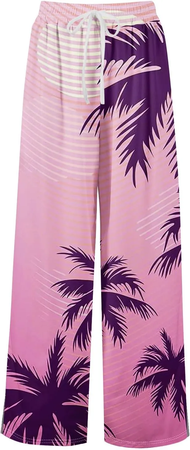 Travel Pants Women 2025 Palazzo Dressy Baggy Floral Relaxed Fit Trendy Bohemian Style Bottoms