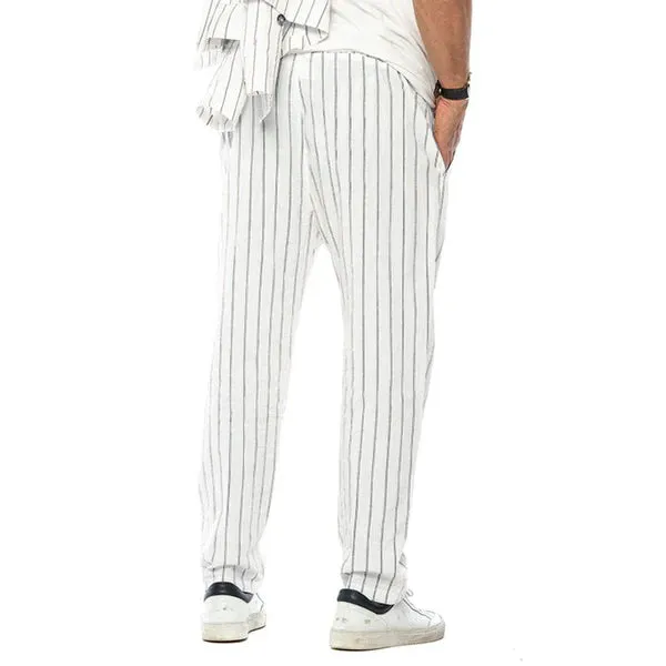 Vertical Striped Cotton And Linen Straight Loose Trendy Casual Trousers