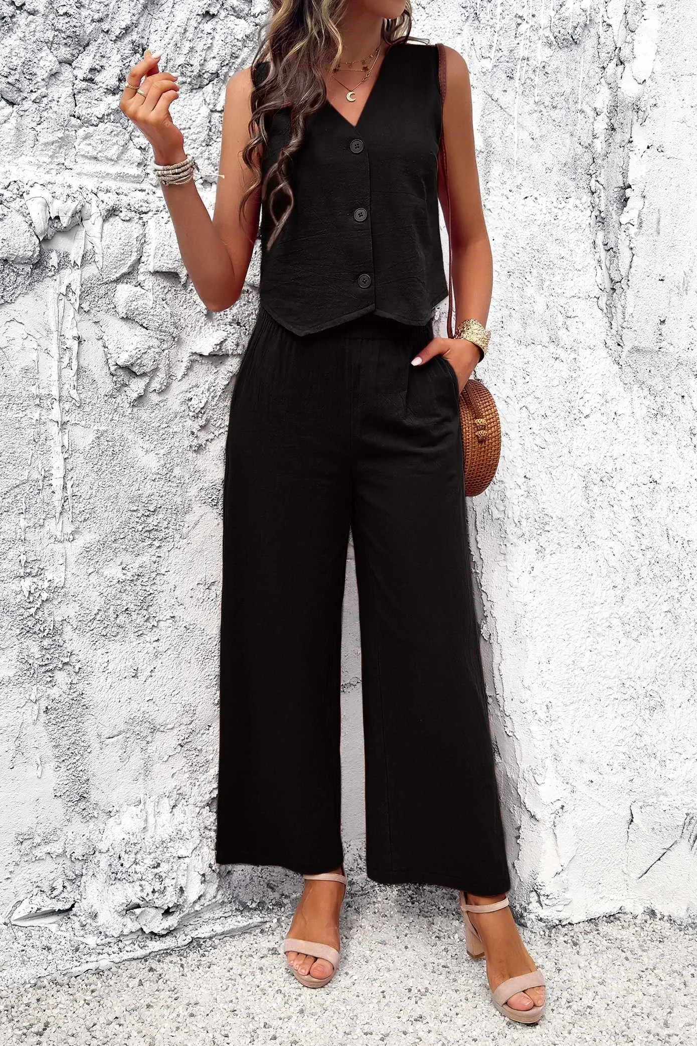 Vest and Wide Leg Pants Set