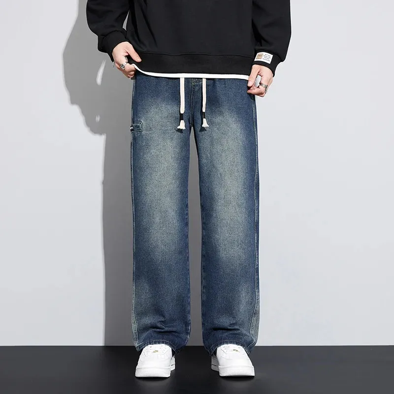 Wide Leg Jeans Men Baggy Pants Loose Fit Dark Blue Denim Pants Elastic Waist Fashion Size Streetwear Jeans Men's Trousers