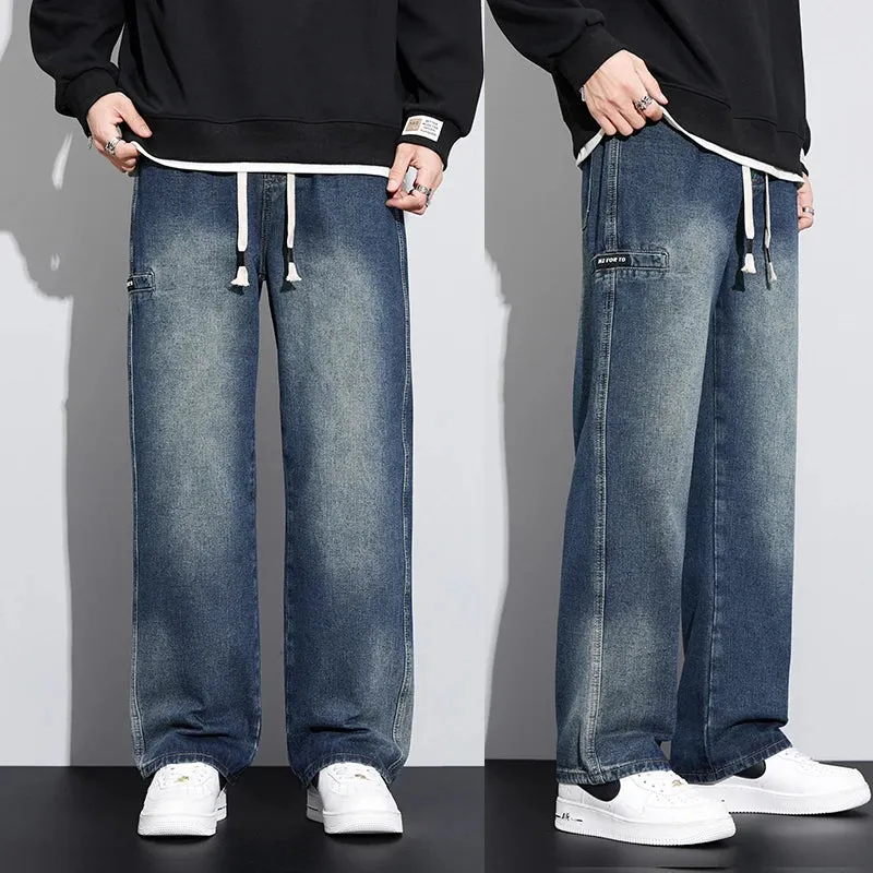 Wide Leg Jeans Men Baggy Pants Loose Fit Dark Blue Denim Pants Elastic Waist Fashion Size Streetwear Jeans Men's Trousers