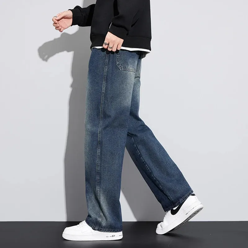 Wide Leg Jeans Men Baggy Pants Loose Fit Dark Blue Denim Pants Elastic Waist Fashion Size Streetwear Jeans Men's Trousers