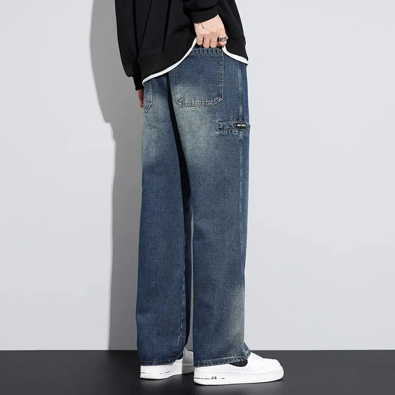 Wide Leg Jeans Men Baggy Pants Loose Fit Dark Blue Denim Pants Elastic Waist Fashion Size Streetwear Jeans Men's Trousers