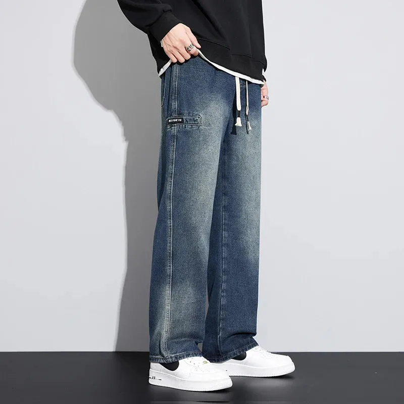 Wide Leg Jeans Men Baggy Pants Loose Fit Dark Blue Denim Pants Elastic Waist Fashion Size Streetwear Jeans Men's Trousers