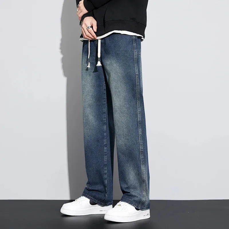 Wide Leg Jeans Men Baggy Pants Loose Fit Dark Blue Denim Pants Elastic Waist Fashion Size Streetwear Jeans Men's Trousers