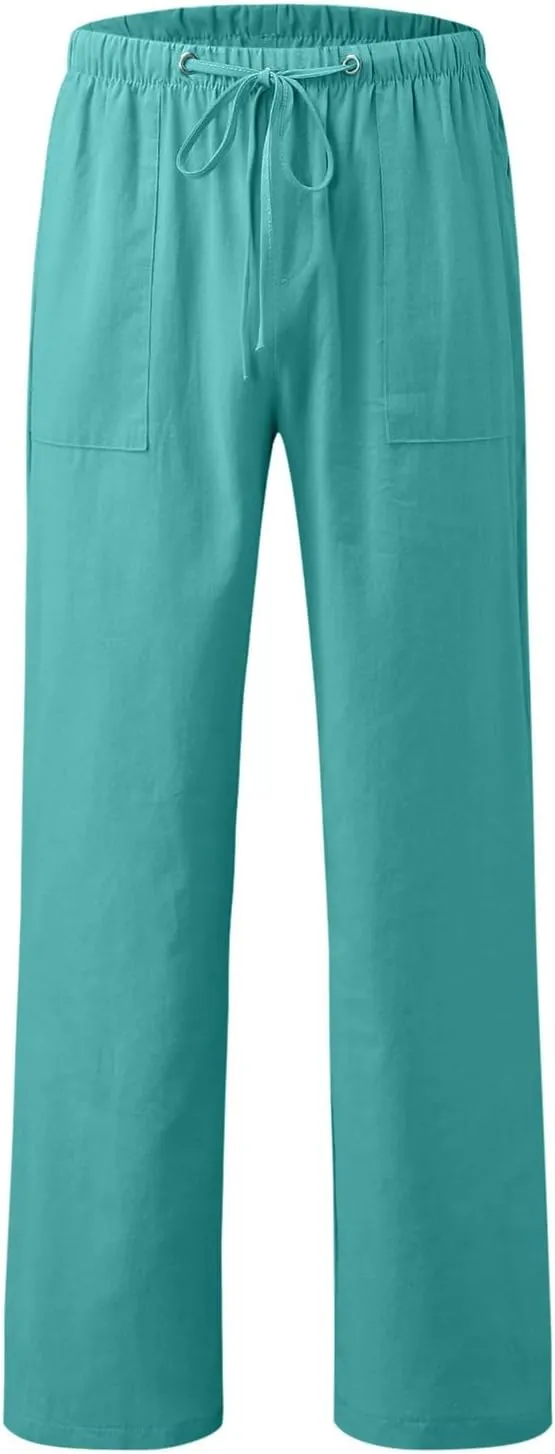 Women's Cotton Linen Pants Summer Wide Leg Loose Drawstring High Waist Palazzo Pants Trousers Casual Baggy Pants 2024
