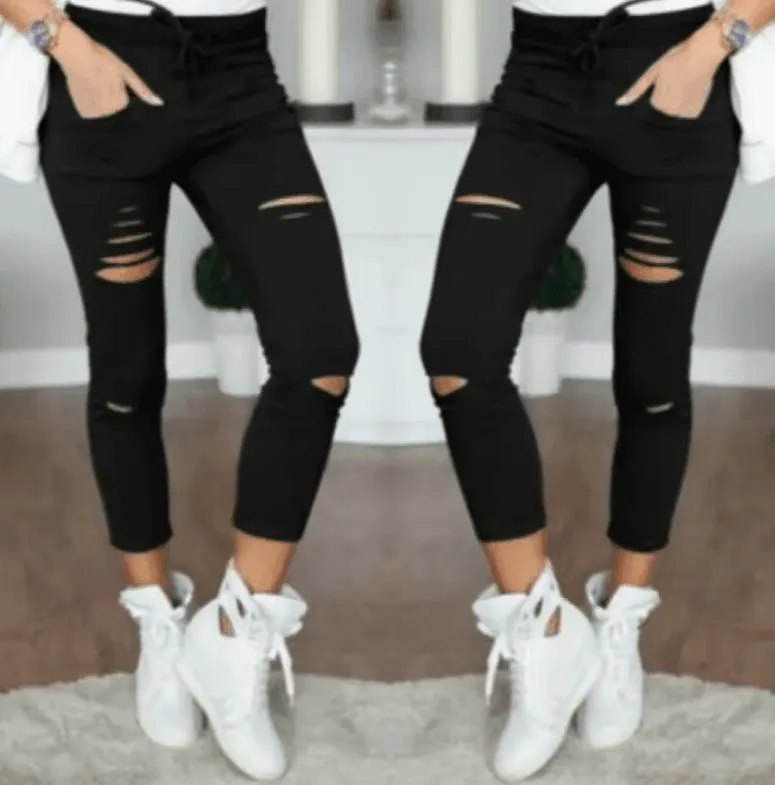 Women’s Plus Size Ripped Stretch Jeans – Slim Fit Pencil Pants Leggings