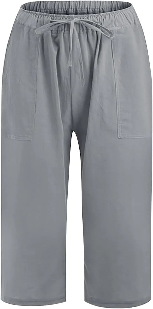 Women's Solid Elastic Waist Casual Pants with Pockets - Linen Blend Comfortable Capri Pants, Relaxed Summer Trousers