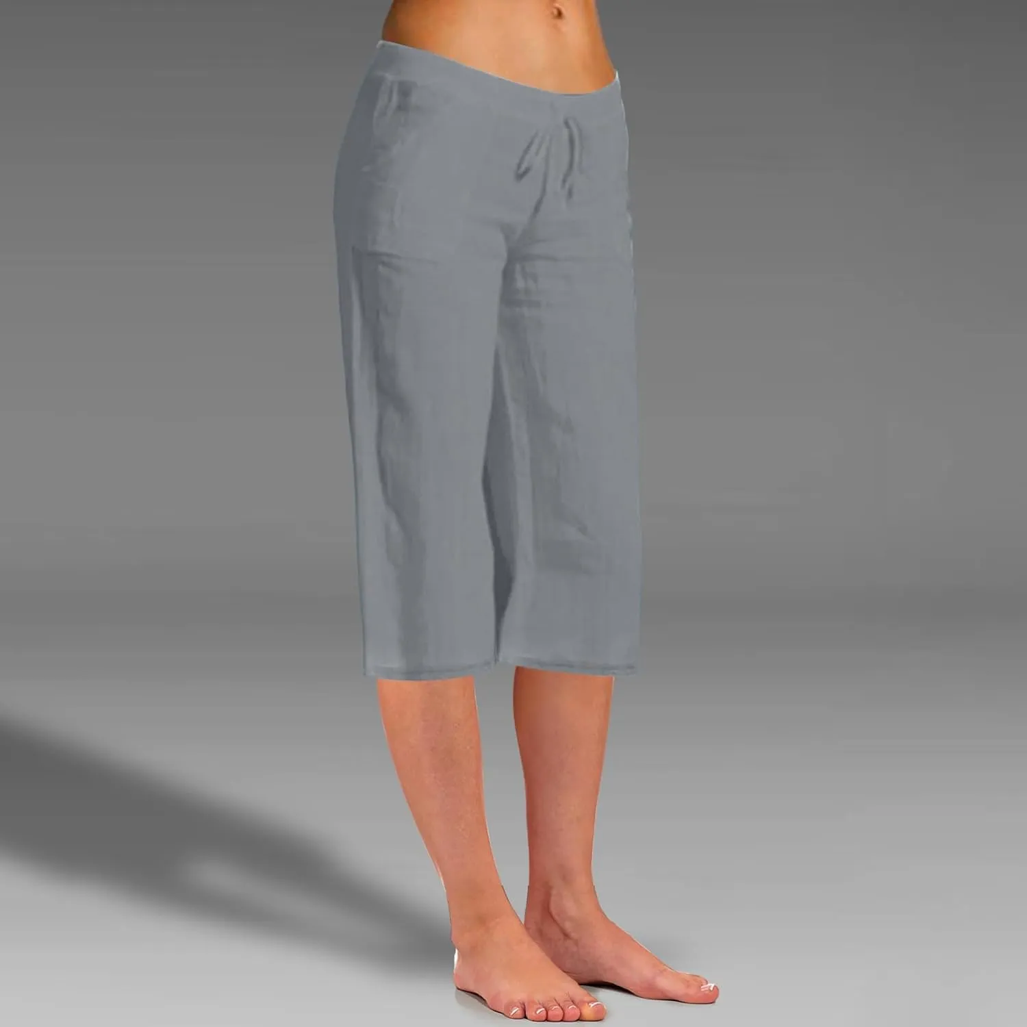 Women's Solid Elastic Waist Casual Pants with Pockets - Linen Blend Comfortable Capri Pants, Relaxed Summer Trousers