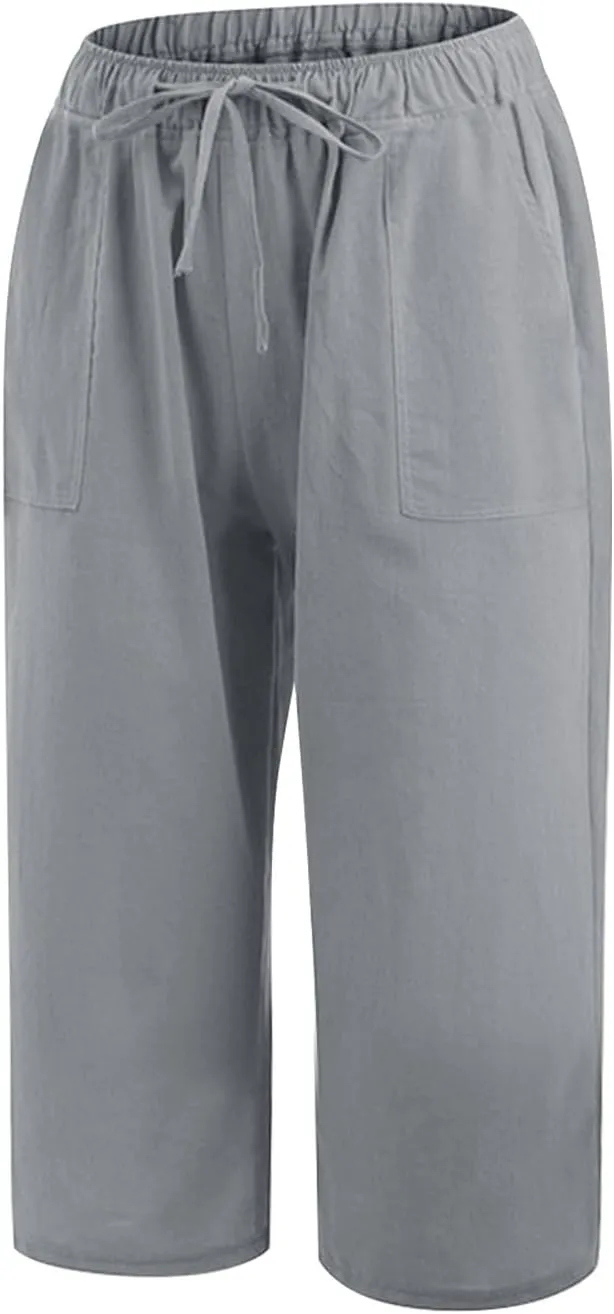 Women's Solid Elastic Waist Casual Pants with Pockets - Linen Blend Comfortable Capri Pants, Relaxed Summer Trousers