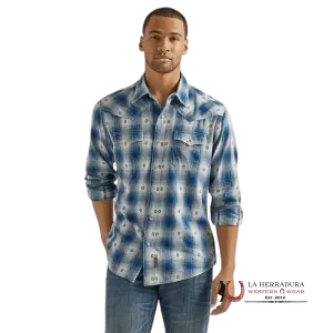 WRANGLER MEN'S RETRO BLUE GEO OVERPRINT LONG SLEEVE WESTERN SNAP SHIRT 112338151